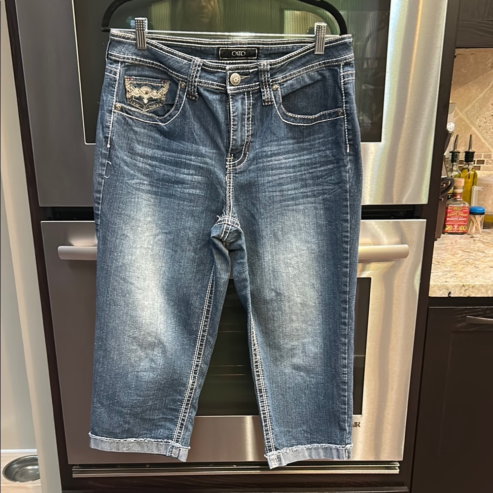 Closing closet- Cato Blue Cropped Jeans with White Stitching